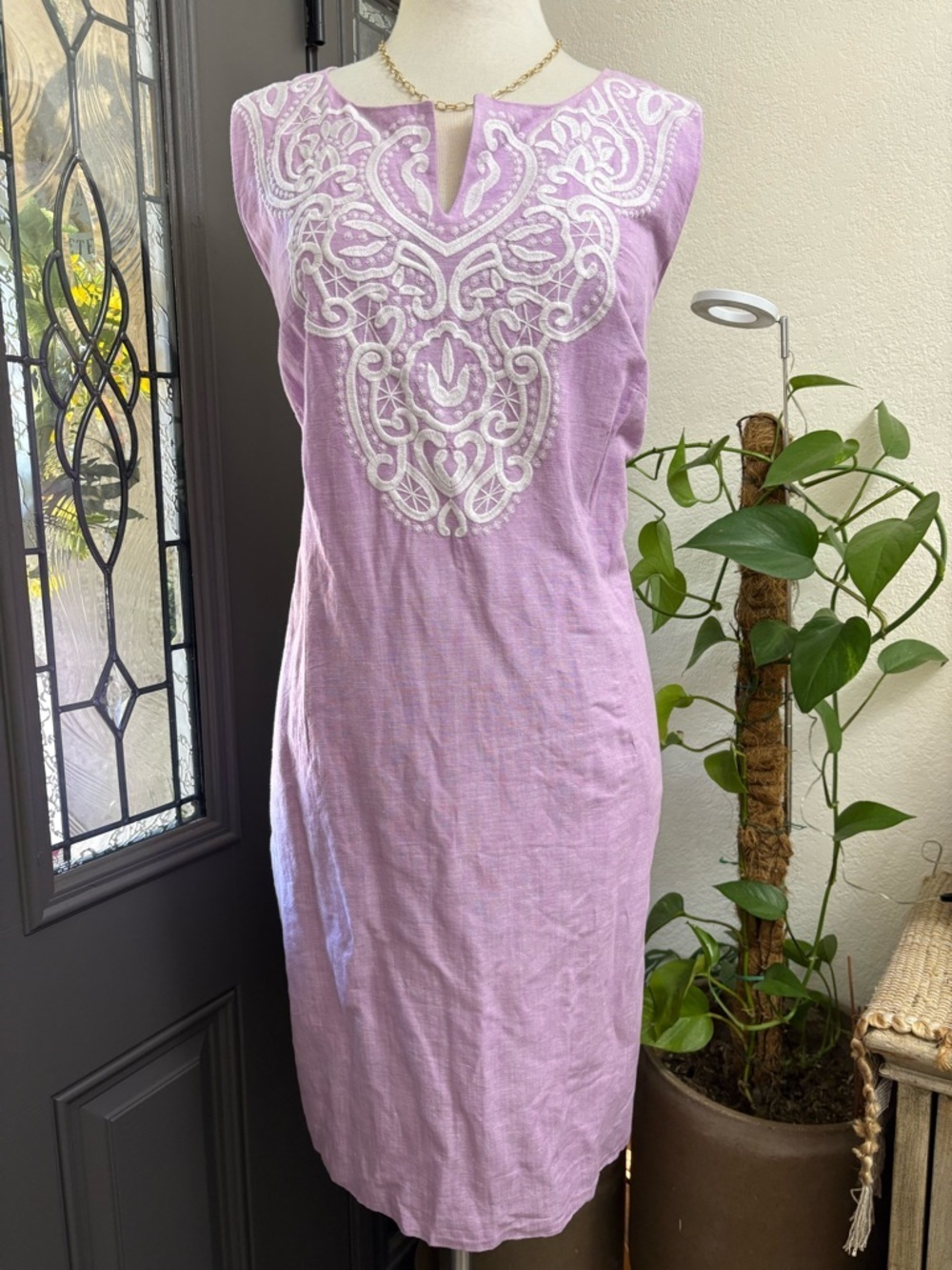 Talbots Plus Linen Blend Light Lilac Embroidered Maci Dress | Size 16W - Picture 2 of 10